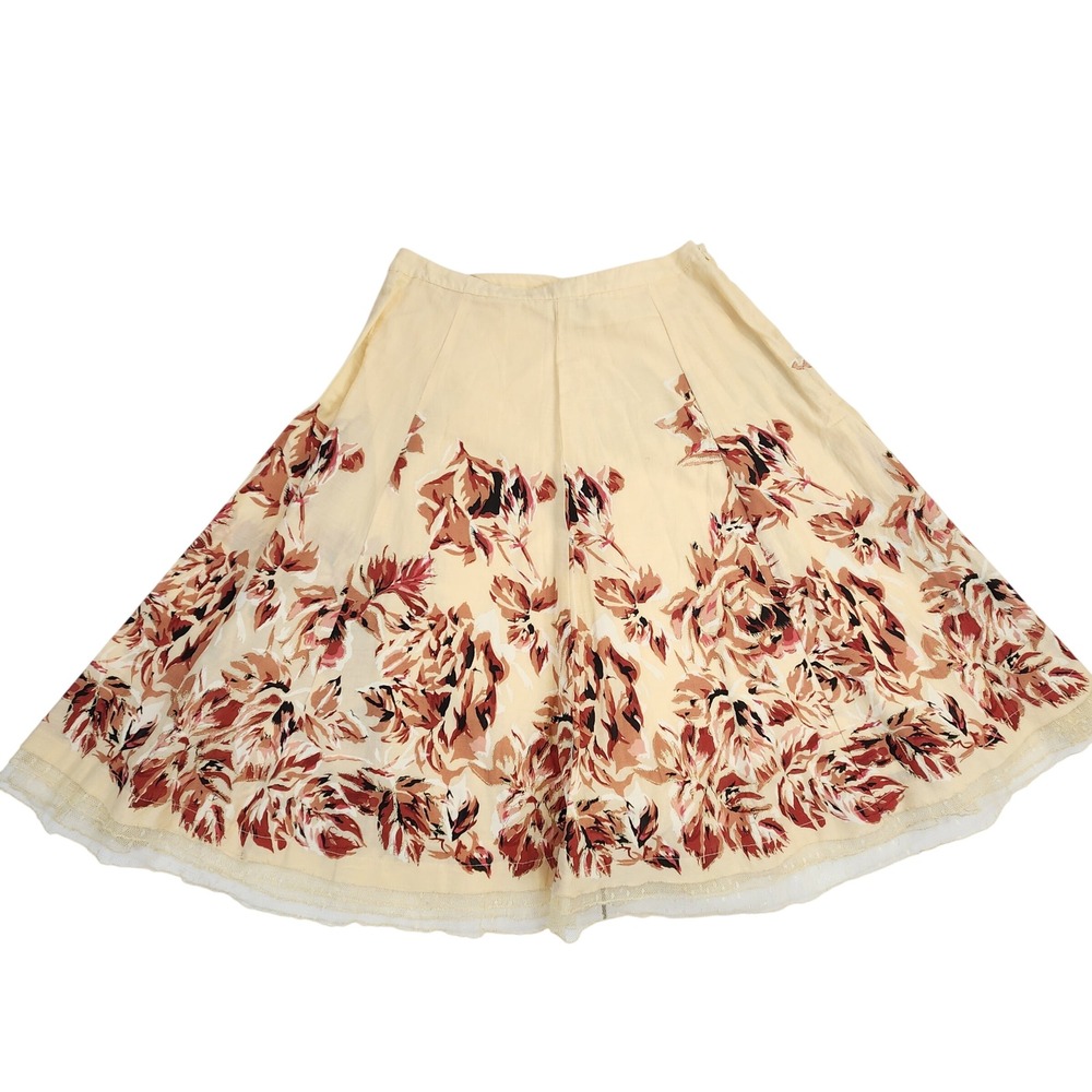 Odille Yellow Floral‎ Midi Skirt Women's Size 4 Lace Trim Cottagecore Feminine - Picture 6 of 8